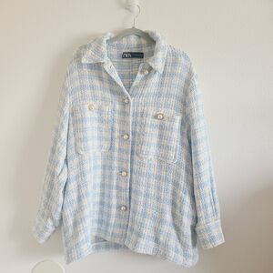 Zara Light Blue and Cream Checkered Jacket